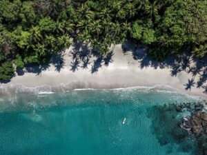 erial view of a pristine beach with clear blue water and palm trees in Santa Teresa, Costa Rica.