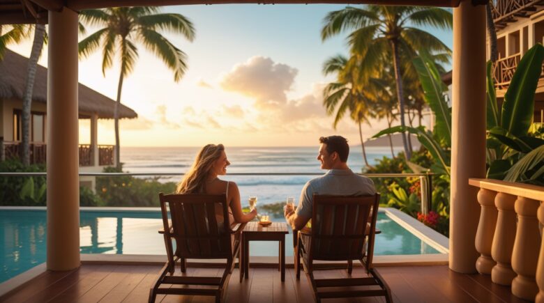 Couple enjoying a sunset view from a beachfront hotel balcony.